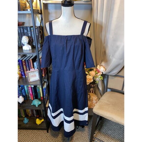Tommy Hilfiger Preppy Navy Blue & White Cold Shoulder A-Line Dress EUC size XL - Picture 2 of 8